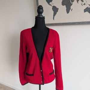 Vintage Women's Red Cardigan w/ Logo